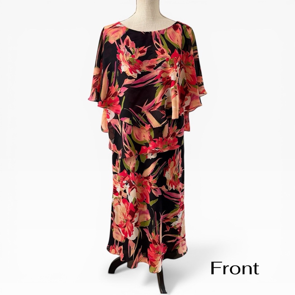 Draper's &‎ Damon's Petite 2Pc Floral Chiffon Set Black Pink Skirt Size 18P